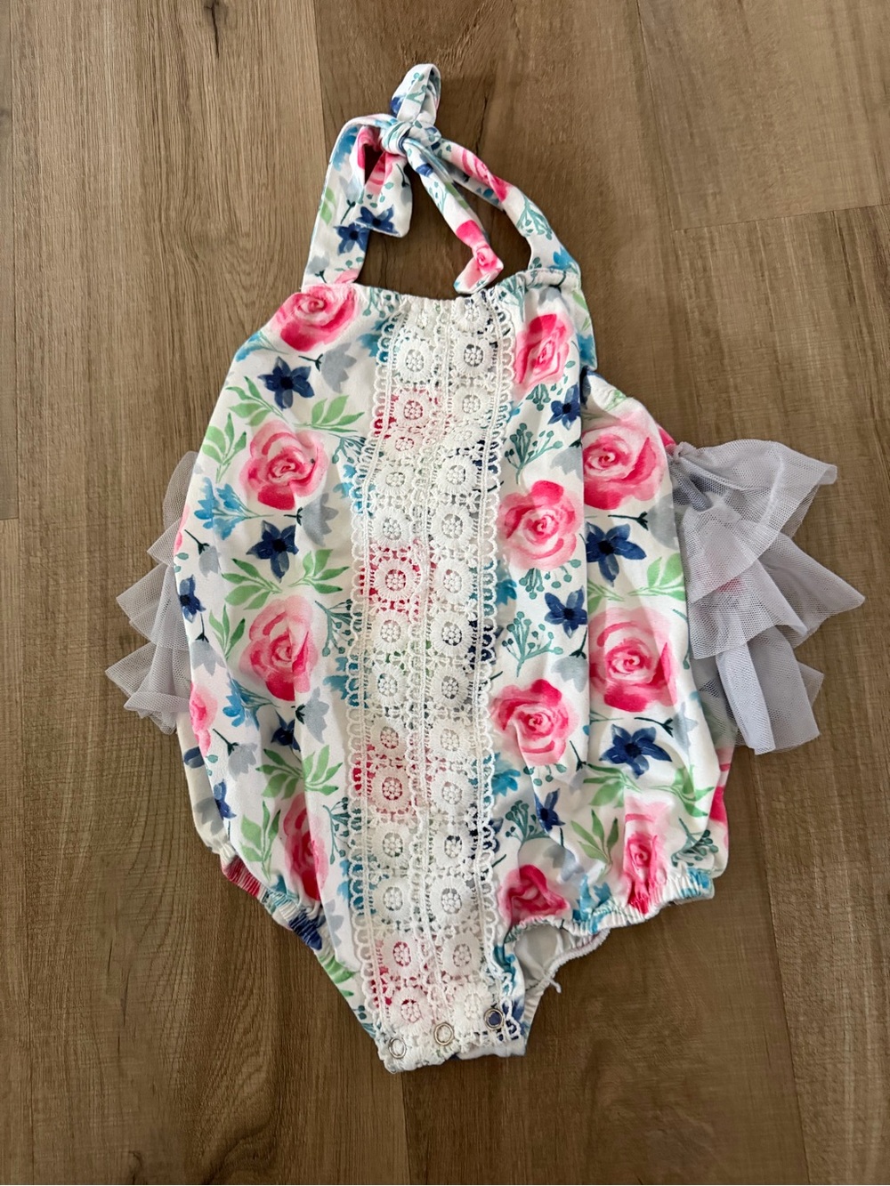 Marie Nicole Floral Lace Baby Romper with Tulle Ruffles - Pink & Blue
